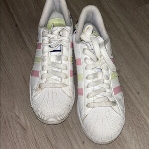 Kids Adidas White Sneakers with Pink and Yellow Stripes 7y